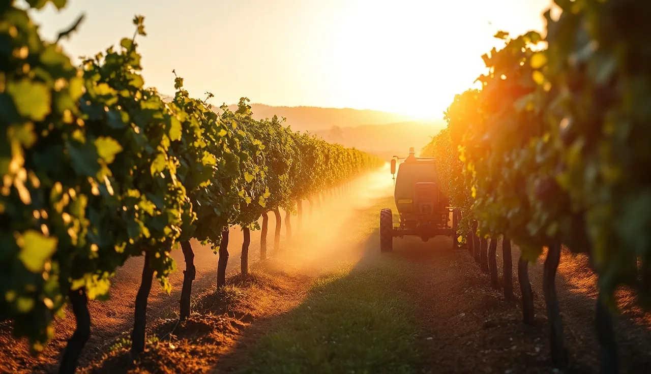 Air-jet vineyard sprayer applying spray through dense grapevine canopy rows at sunrise