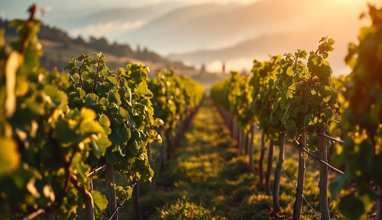 Young grapevines trained on wire trellises on a hillside vineyard at dawn