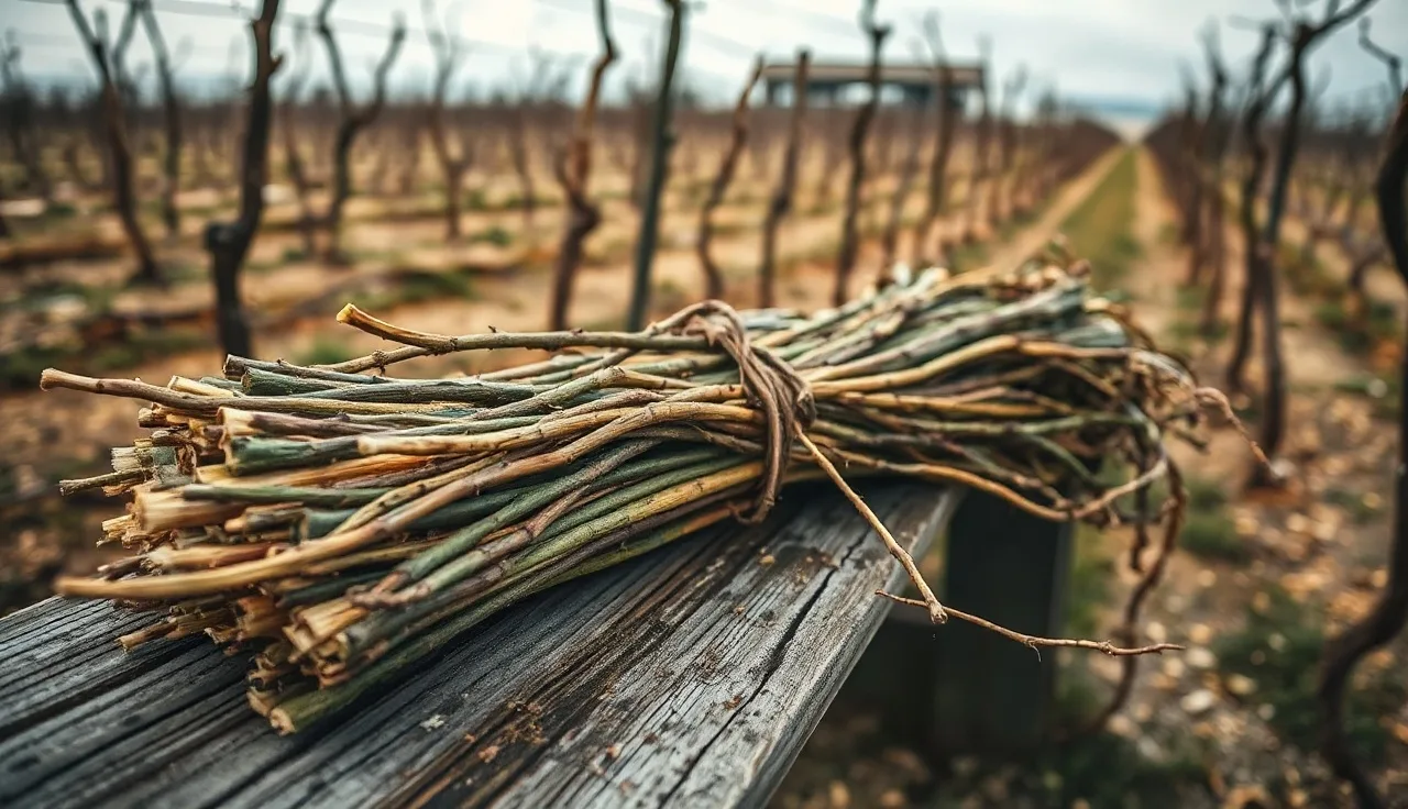 Bundled dormant hardwood grape cuttings on a wooden bench in a winter vineyard