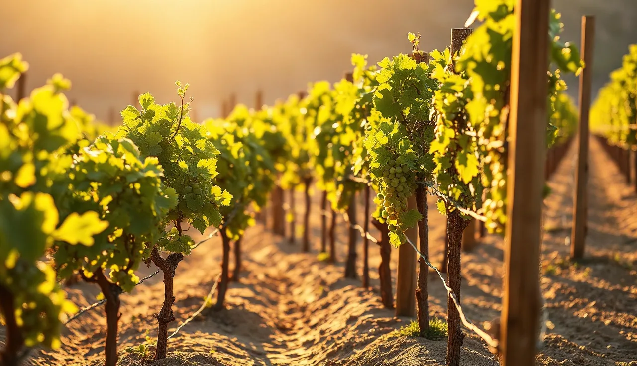 Young grapevines on wooden trellis posts in a California coastal vineyard at golden hour