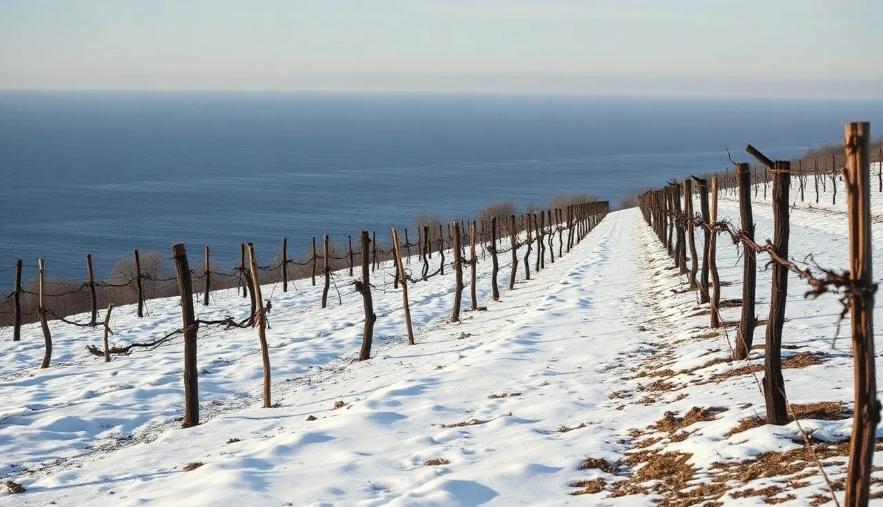 Dormant grapevines on a hillside overlooking Lake Michigan in winter