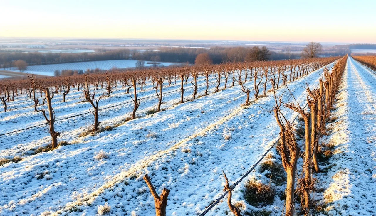 Frost-covered dormant grapevines on an Ohio hillside near Lake Erie in winter