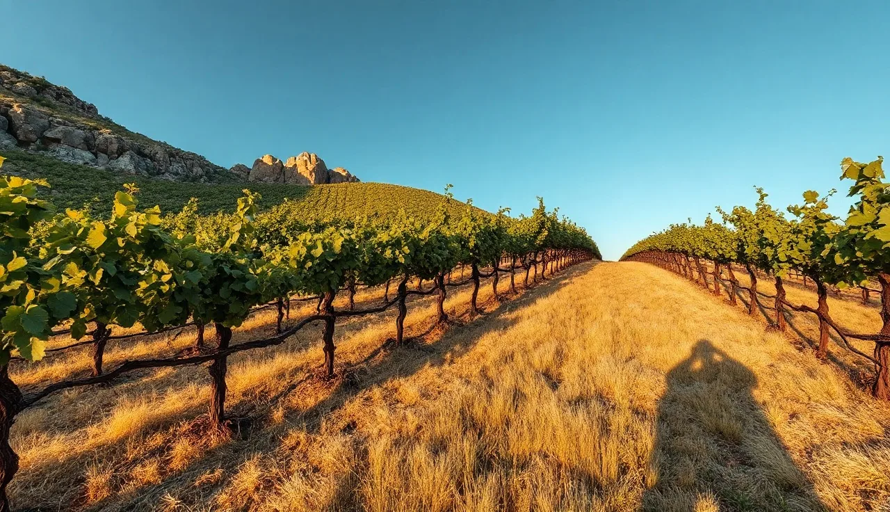 Grapevines on a rocky limestone Texas Hill Country vineyard at golden hour