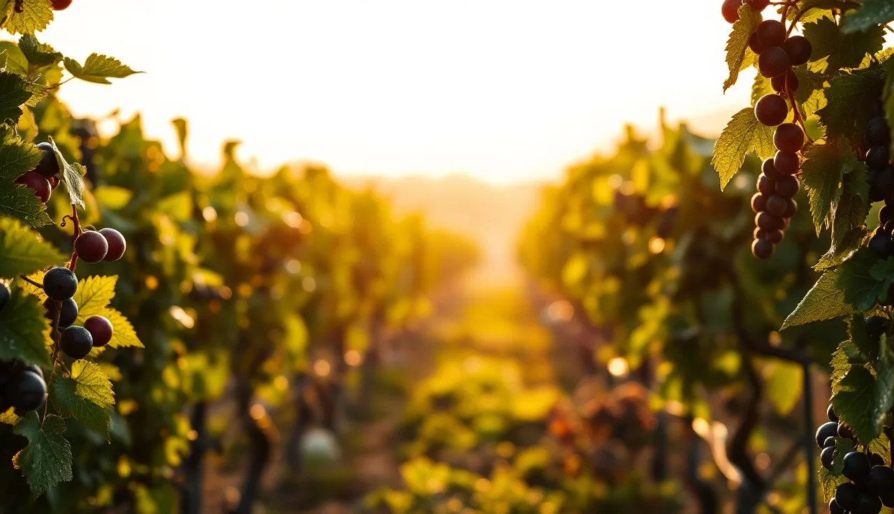 California vineyard at bloom with dew on young grapevine leaves in early morning light