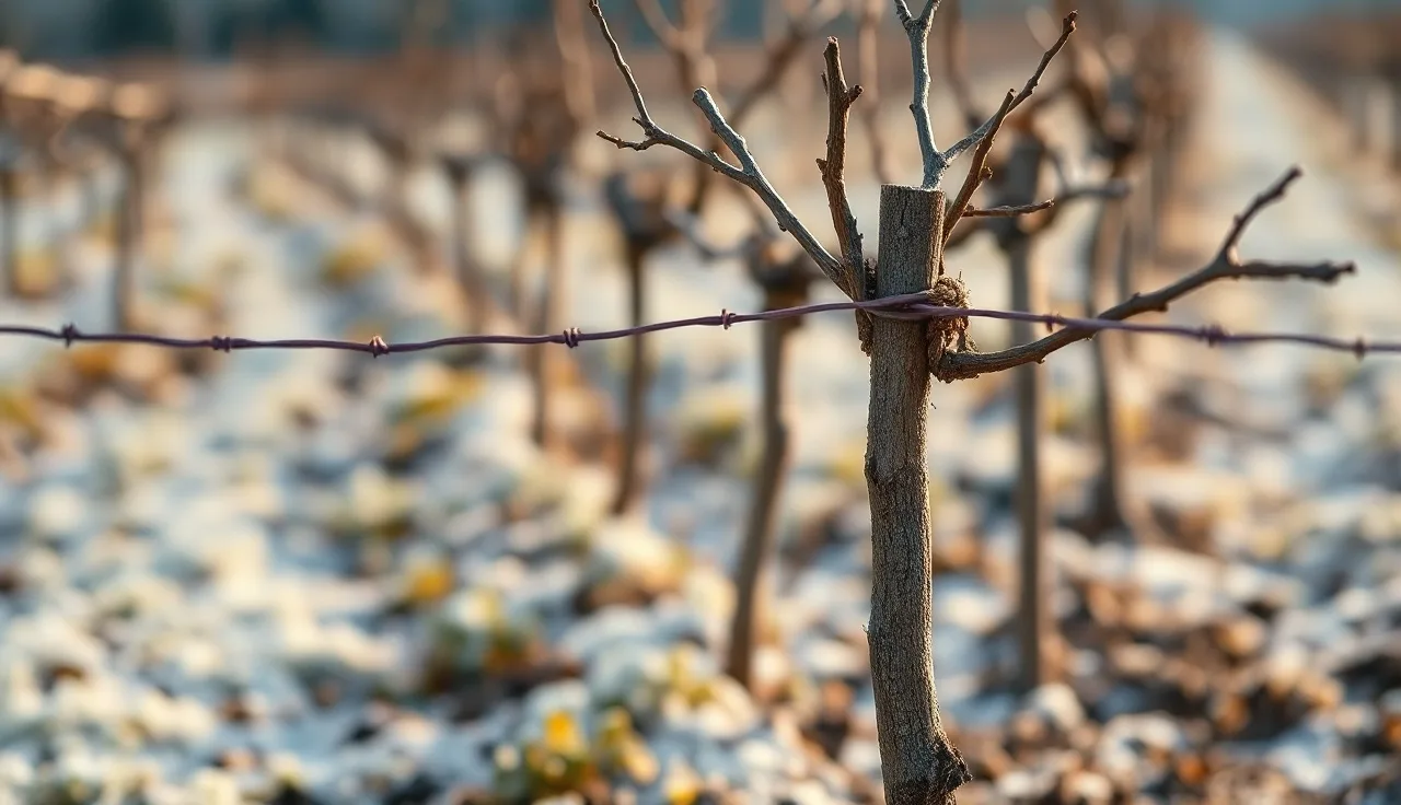 Dormant grapevine cane tied along a single fruiting wire in a Guyot trellis row