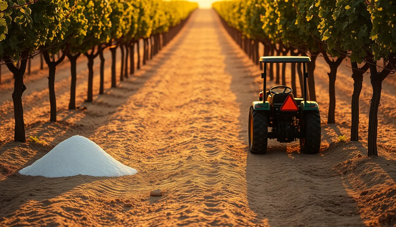 Gypsum amendment pile beside vineyard tractor in clay soil row at dawn