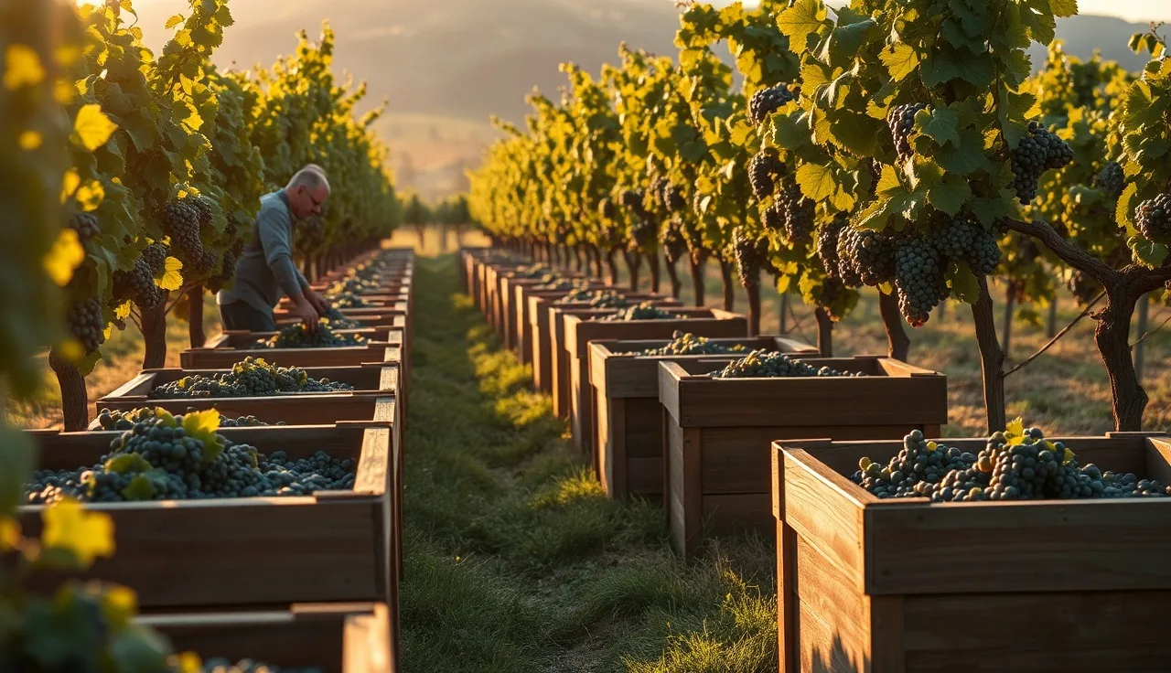 Hand harvest crew picking grapes between vineyard rows at sunrise