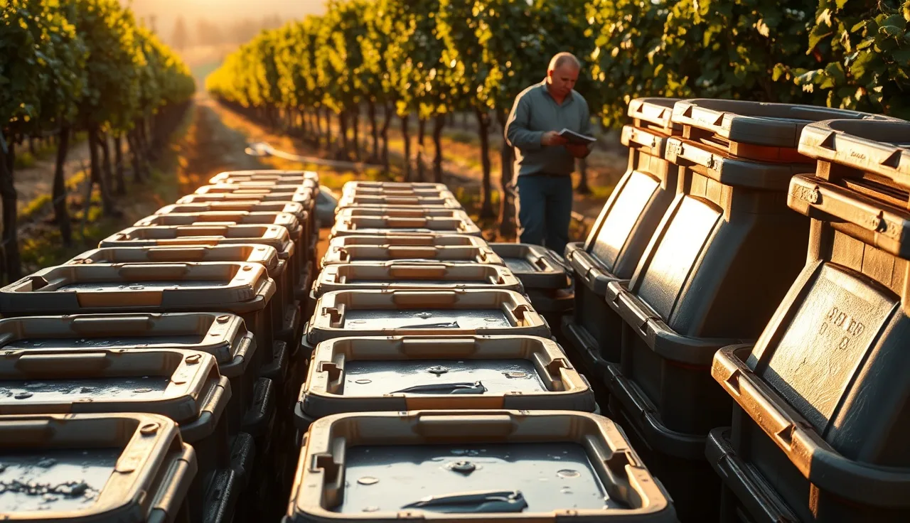 Wet harvest bins stacked in vineyard rows during post-harvest sanitation process