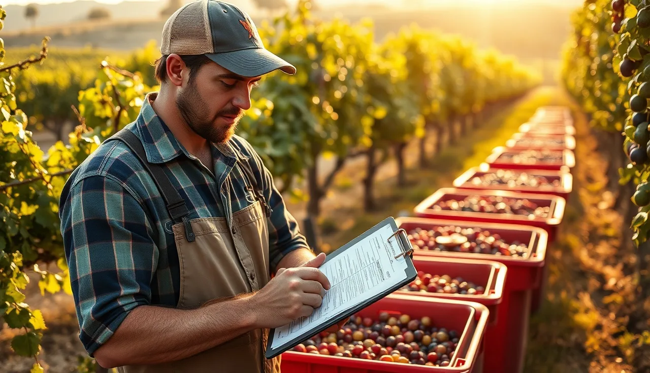Vineyard worker completing harvest data collection sheet at dawn among picking bins