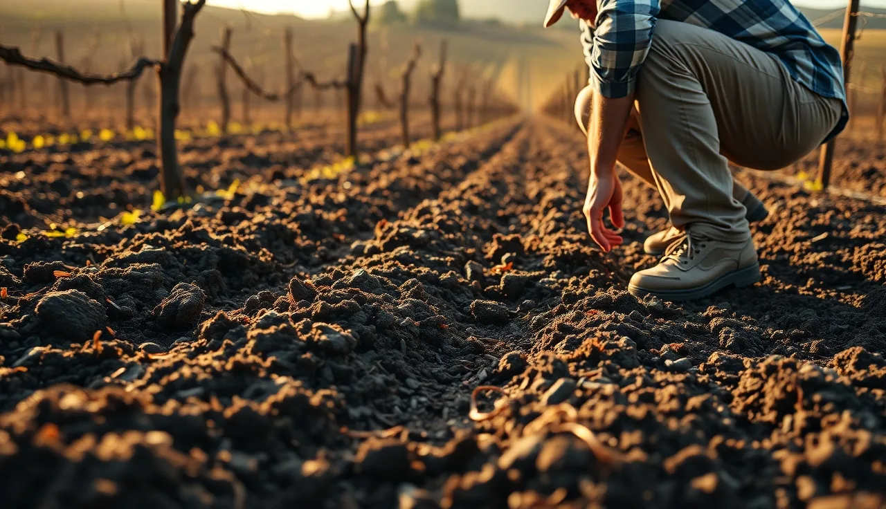 Vineyard manager examining healthy dark soil between vine rows in morning light