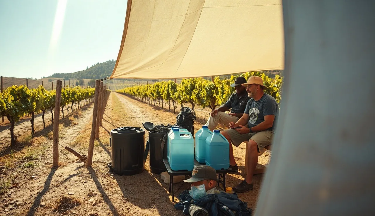 Harvest crew resting in vineyard shade with water jugs during heat illness prevention break