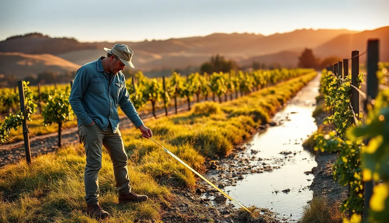 Vineyard worker measuring herbicide buffer distance along a creek beside vine rows
