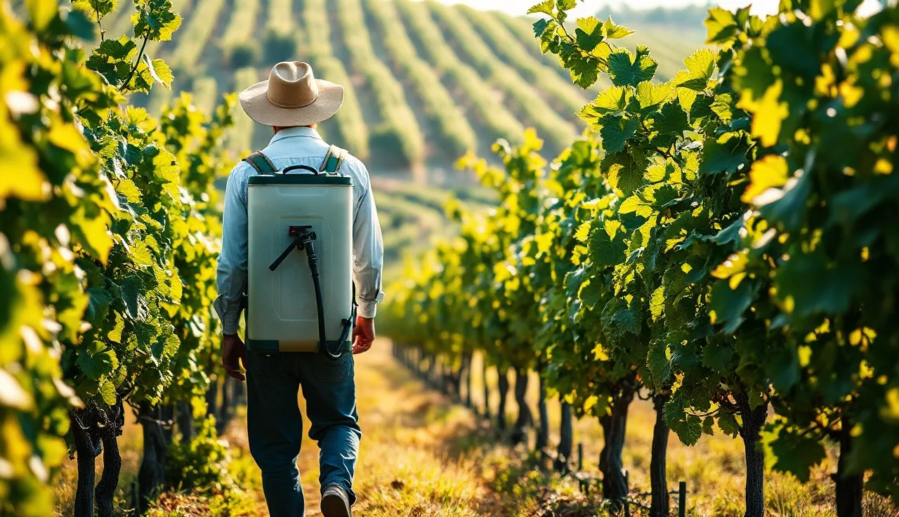 Person with backpack sprayer walking between home vineyard rows in morning light