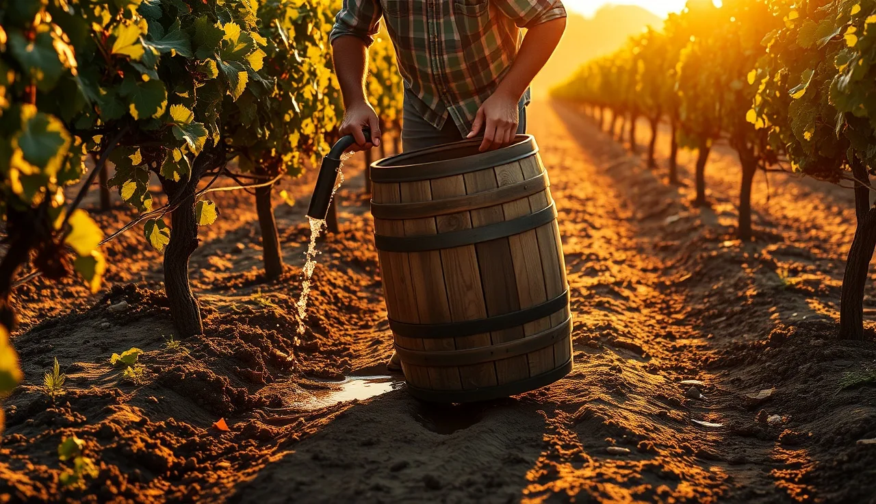 Vineyard worker hand-stirring horn manure preparation in a barrel at sunrise between vine rows