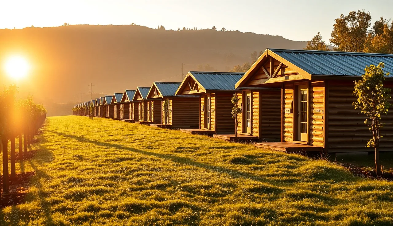 Wooden farm worker bunkhouses at edge of vineyard in early morning light