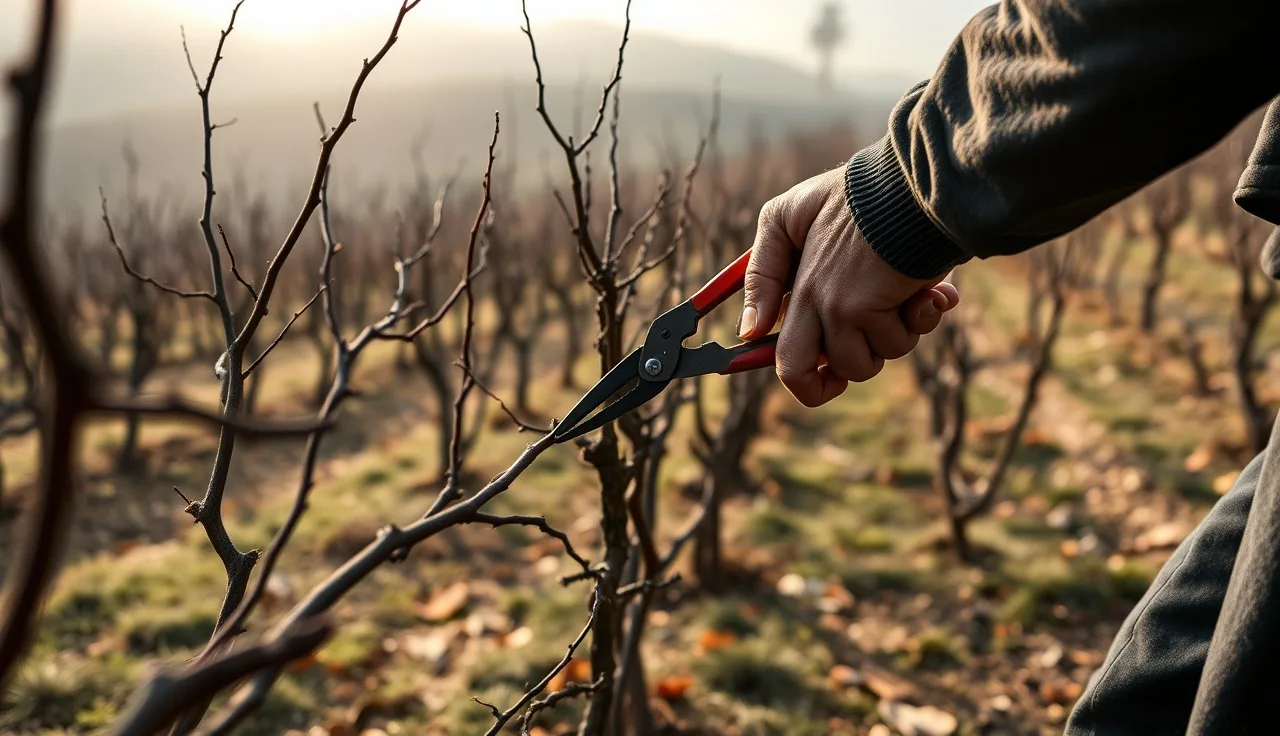 Vineyard worker pruning dormant wine grape vines on a foggy winter morning