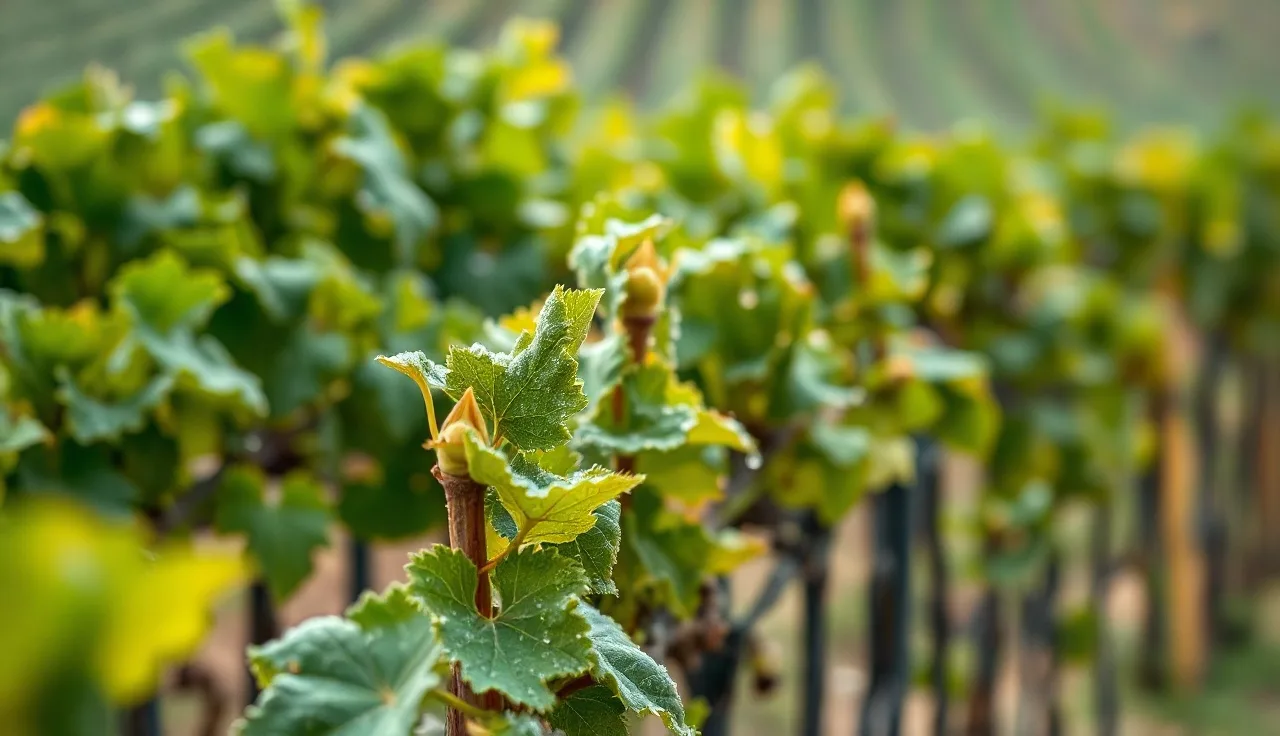 Grapevine shoot with powdery mildew patches on young leaves in a vineyard row