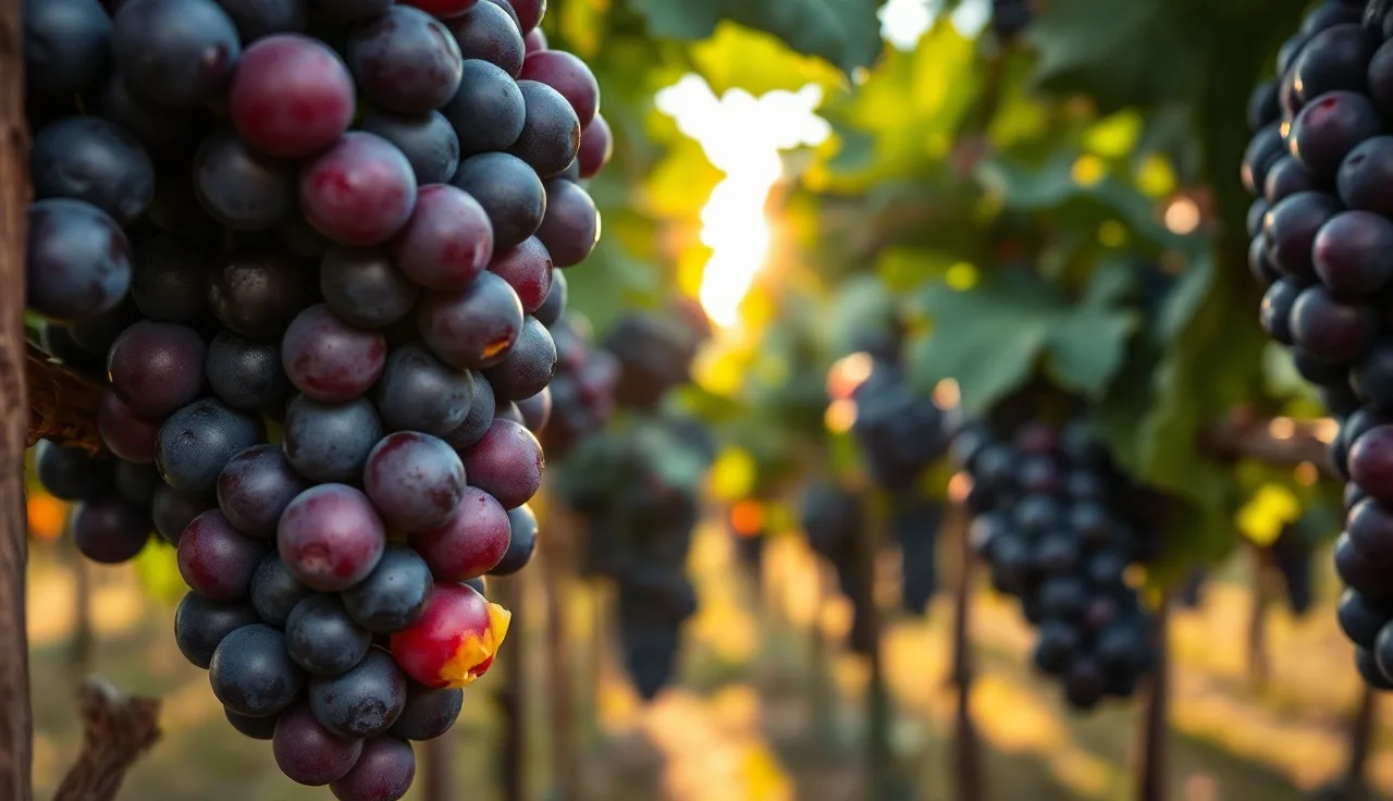 Grape clusters showing mixed colors at veraison in a California vineyard row