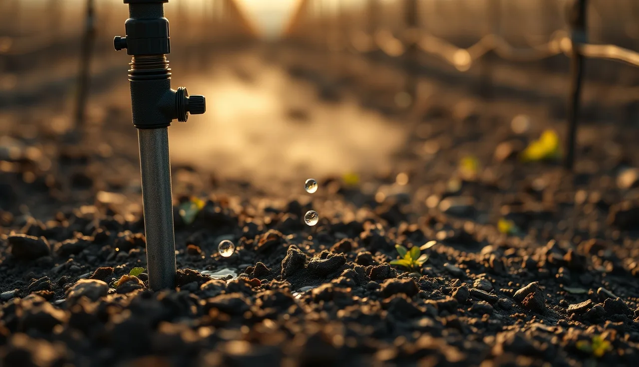 Drip emitter watering dark soil between dormant grapevines at dawn