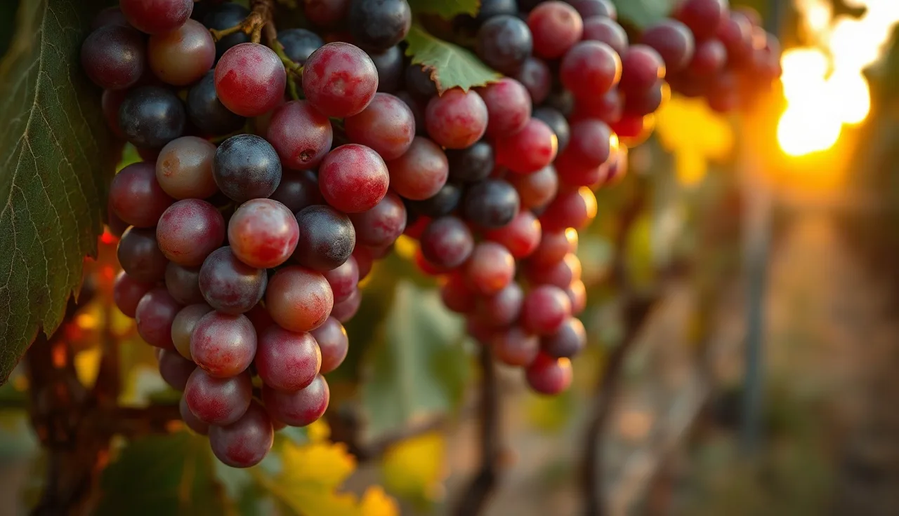 Grape cluster at veraison showing half-green half-purple berries in vineyard sunlight