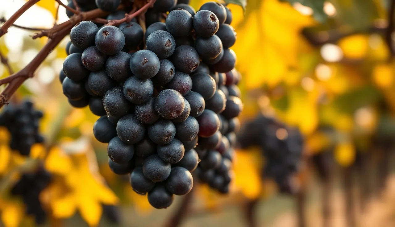 Ripe Noiret grape clusters on the vine in autumn morning light