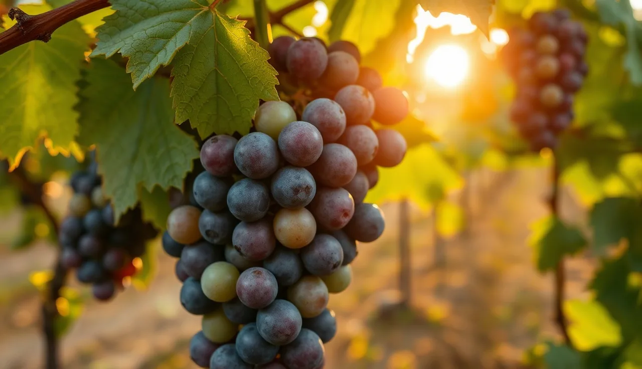Grape cluster at veraison showing half green and half purple berries on the vine