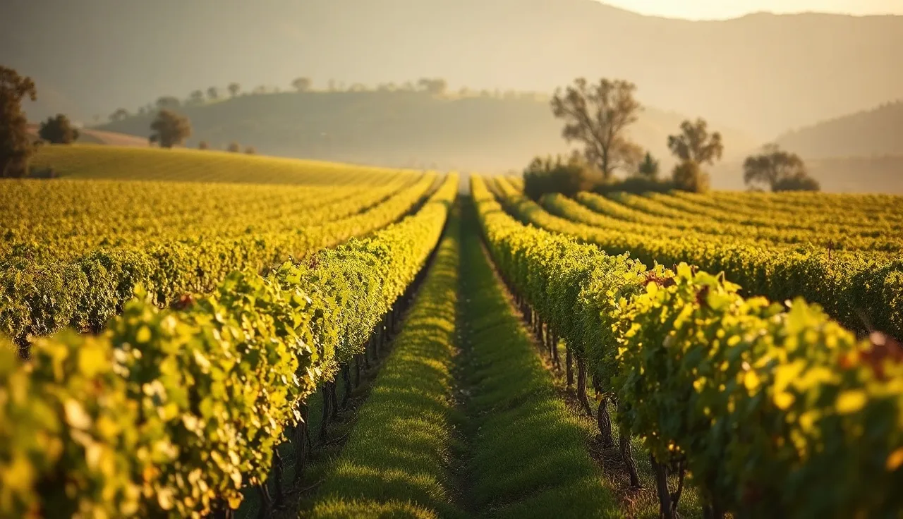 Vineyard block showing two different row spacings merging in a single field at dawn