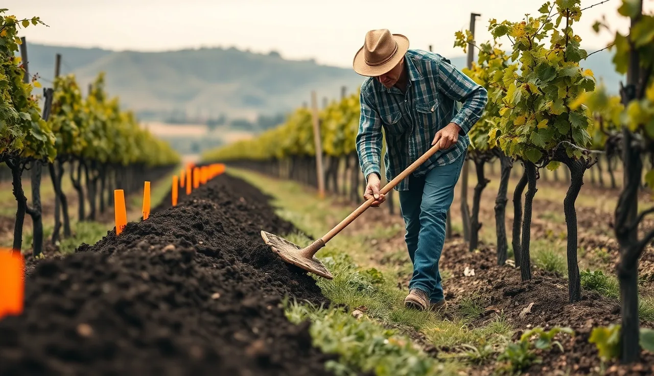 Worker raking compost between grapevine rows with drip emitter flags visible