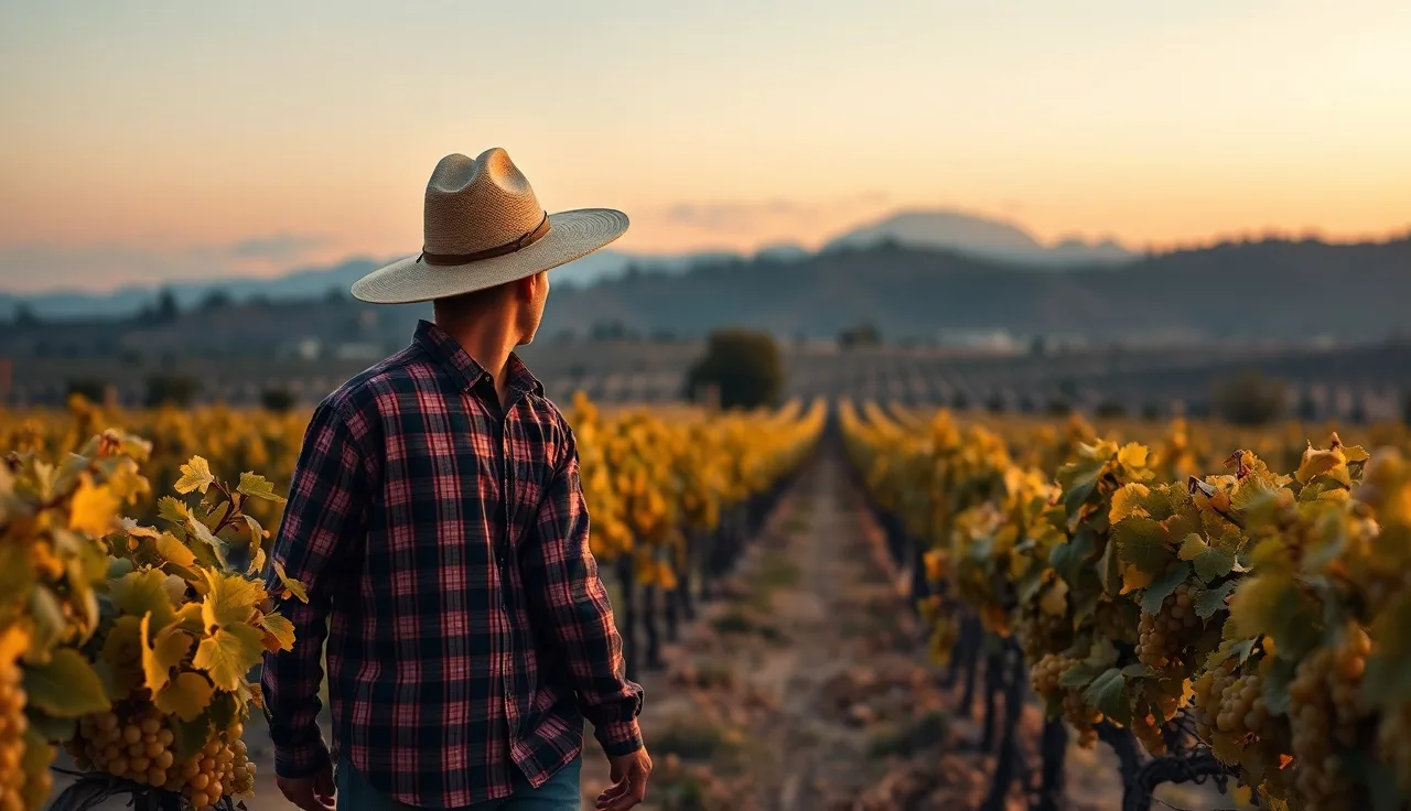Vineyard manager walking smoke-hazed vine rows assessing wildfire smoke taint risk