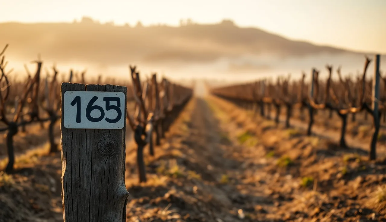 Hand-painted block code marker on a wooden stake between vineyard rows at dawn