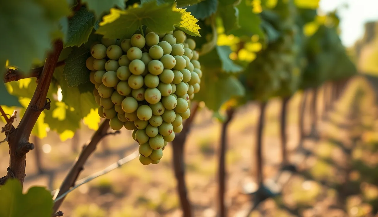 Small green wine grape berries just after fruit set with drip emitter at soil level