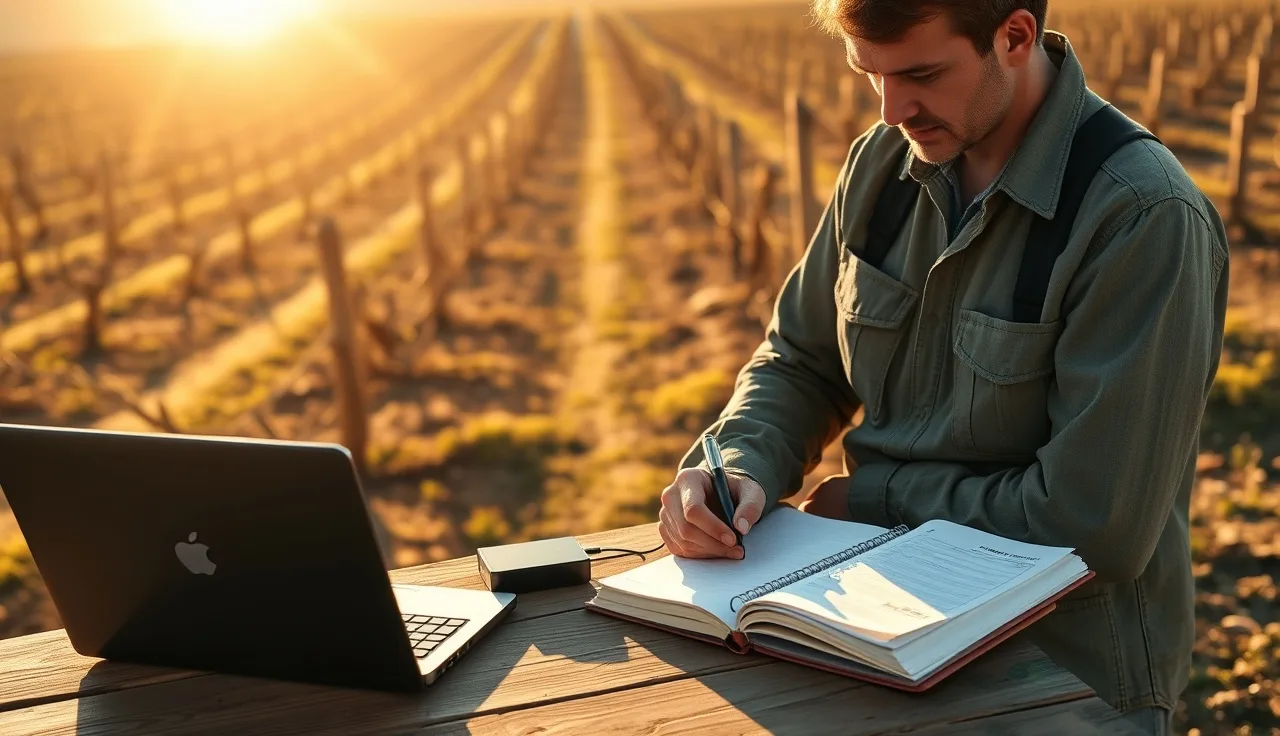 Vineyard manager at outdoor table with laptop and backup drive among dormant vine rows