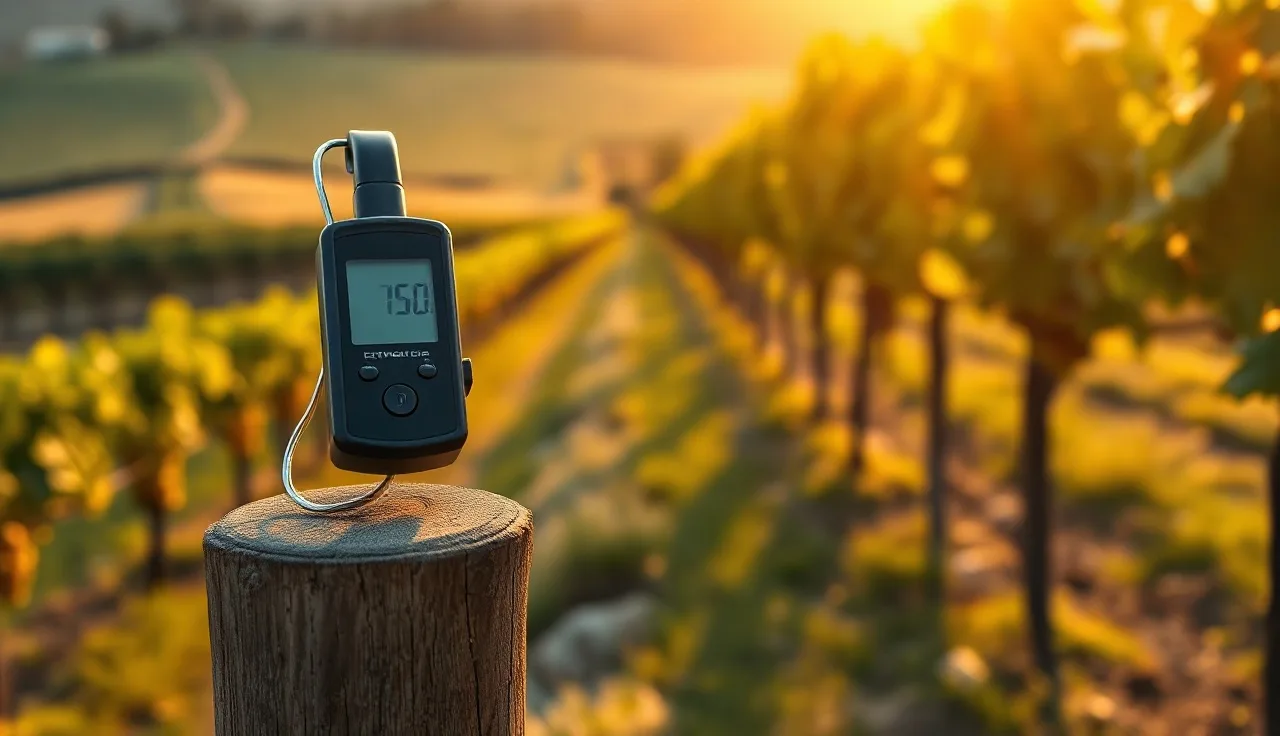 Digital thermometer resting on a vineyard post among leafy grapevine rows