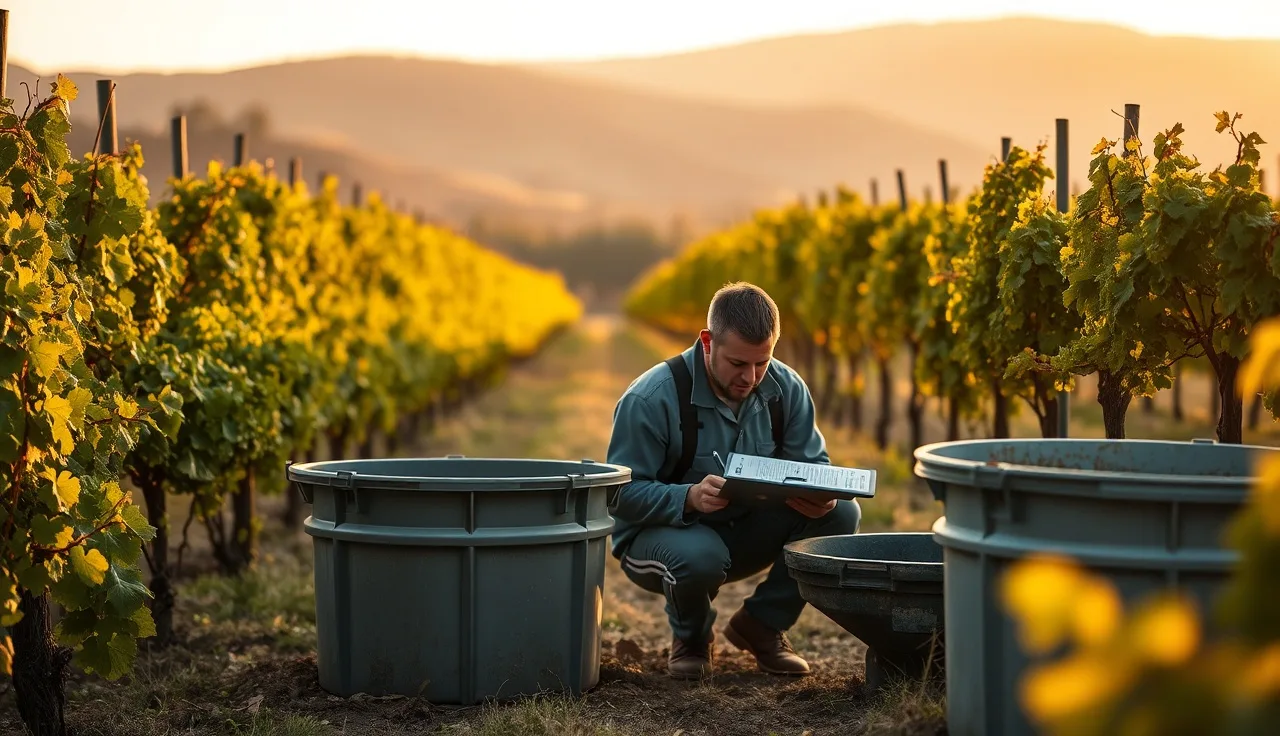 Vineyard worker recording harvest tally by hand at a block during morning pick