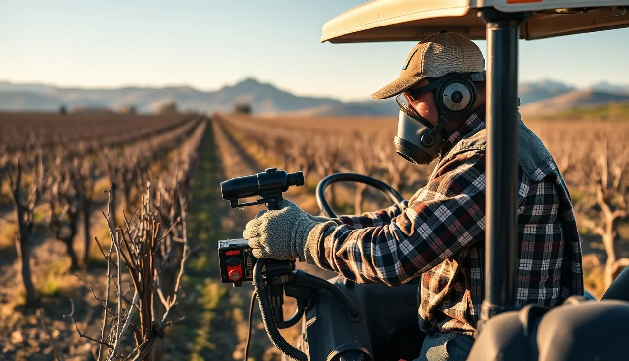 Vineyard worker calibrating airblast sprayer in dormant grapevine rows at dawn