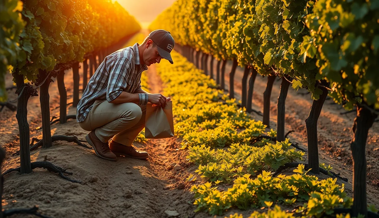 Vineyard manager collecting petiole tissue samples between vine rows at sunrise
