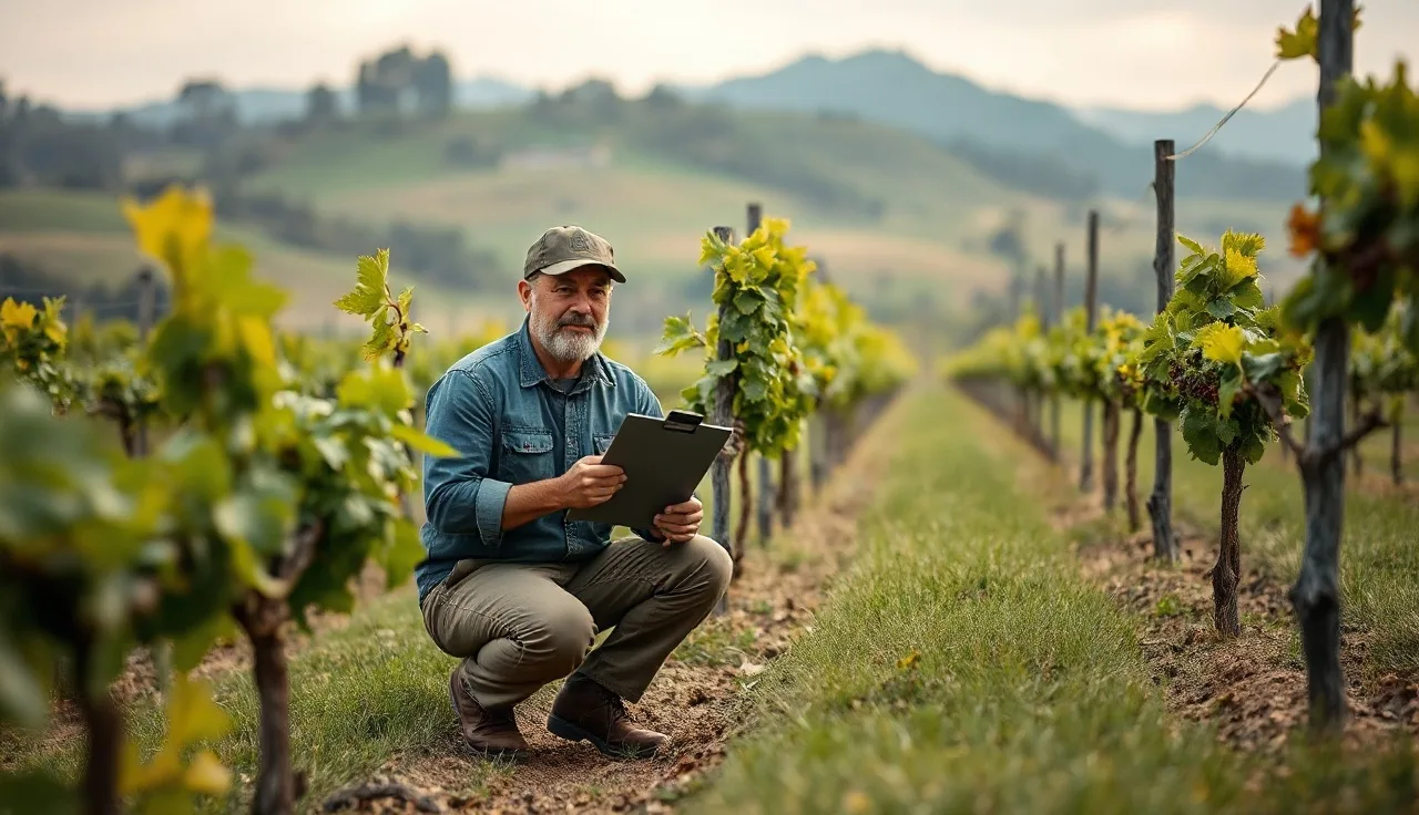 Vineyard manager reviewing spray program records beside dormant grapevine rows at dawn