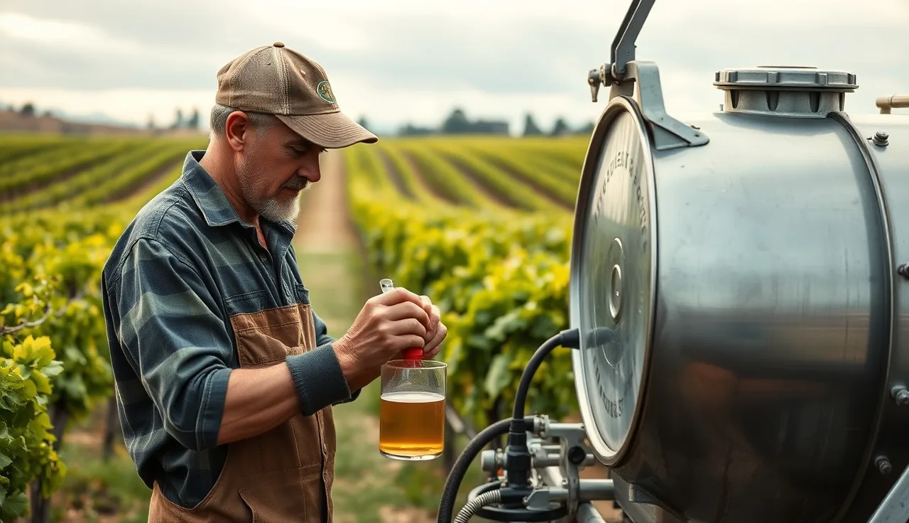 Vineyard worker measuring adjuvant volume into sprayer tank at dawn