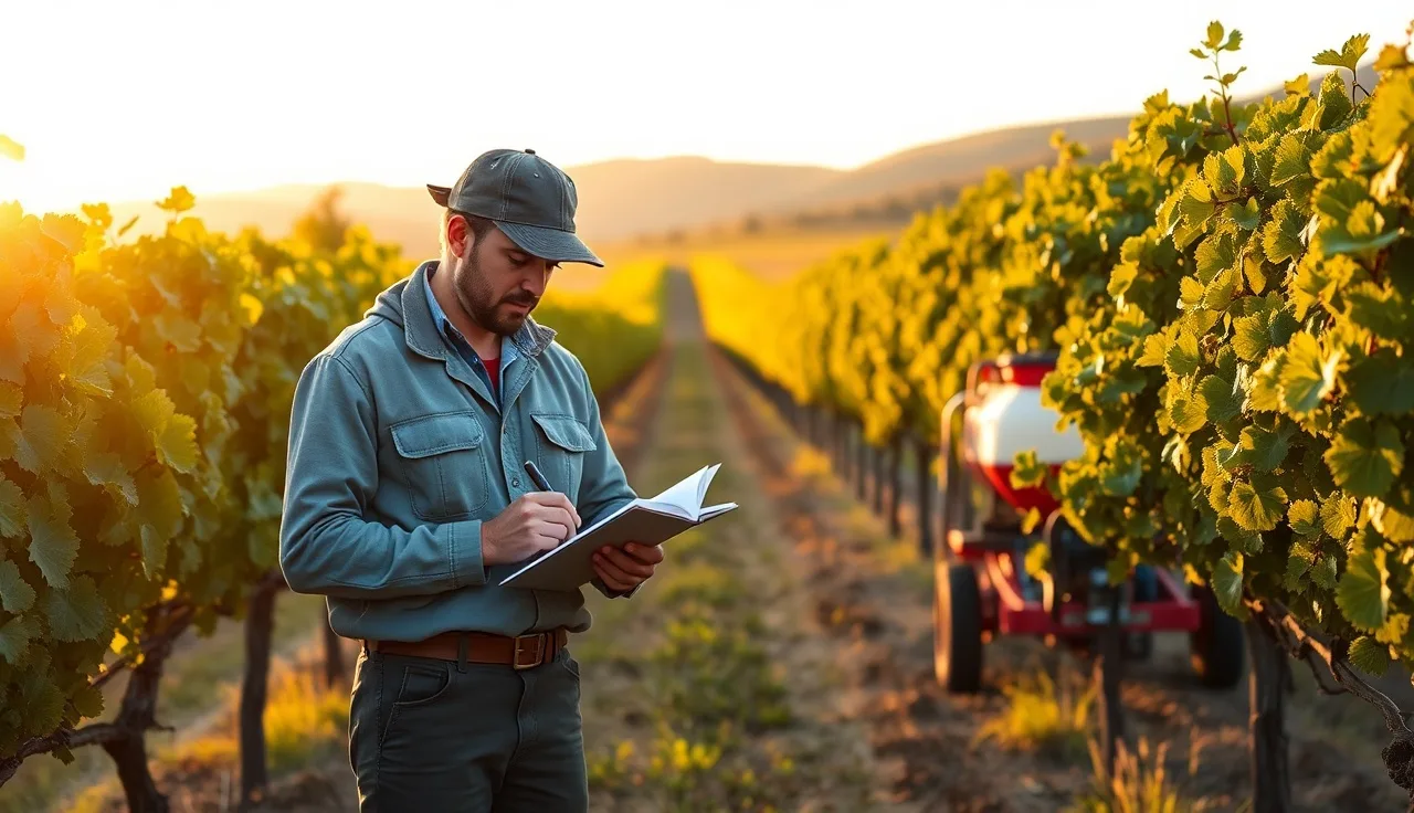 Vineyard manager recording spray application rate data between grapevine rows at dusk