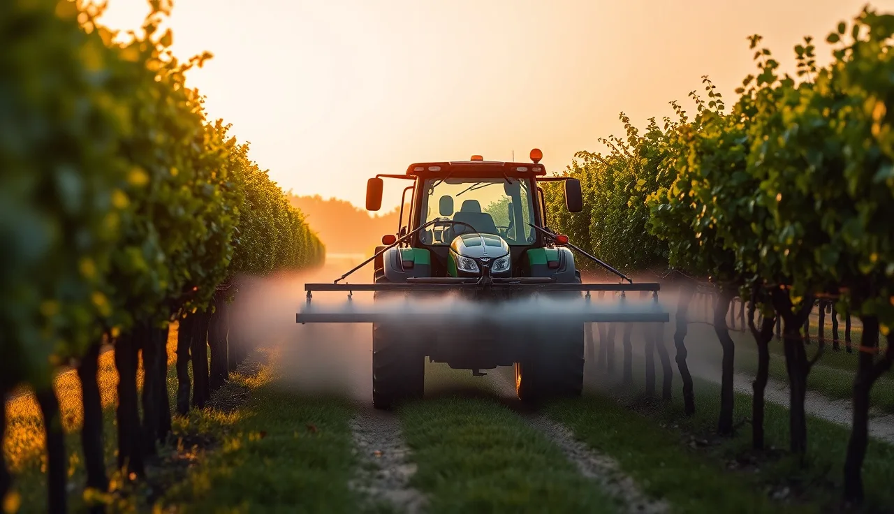 Air-blast sprayer applying mist along a vineyard row at golden hour