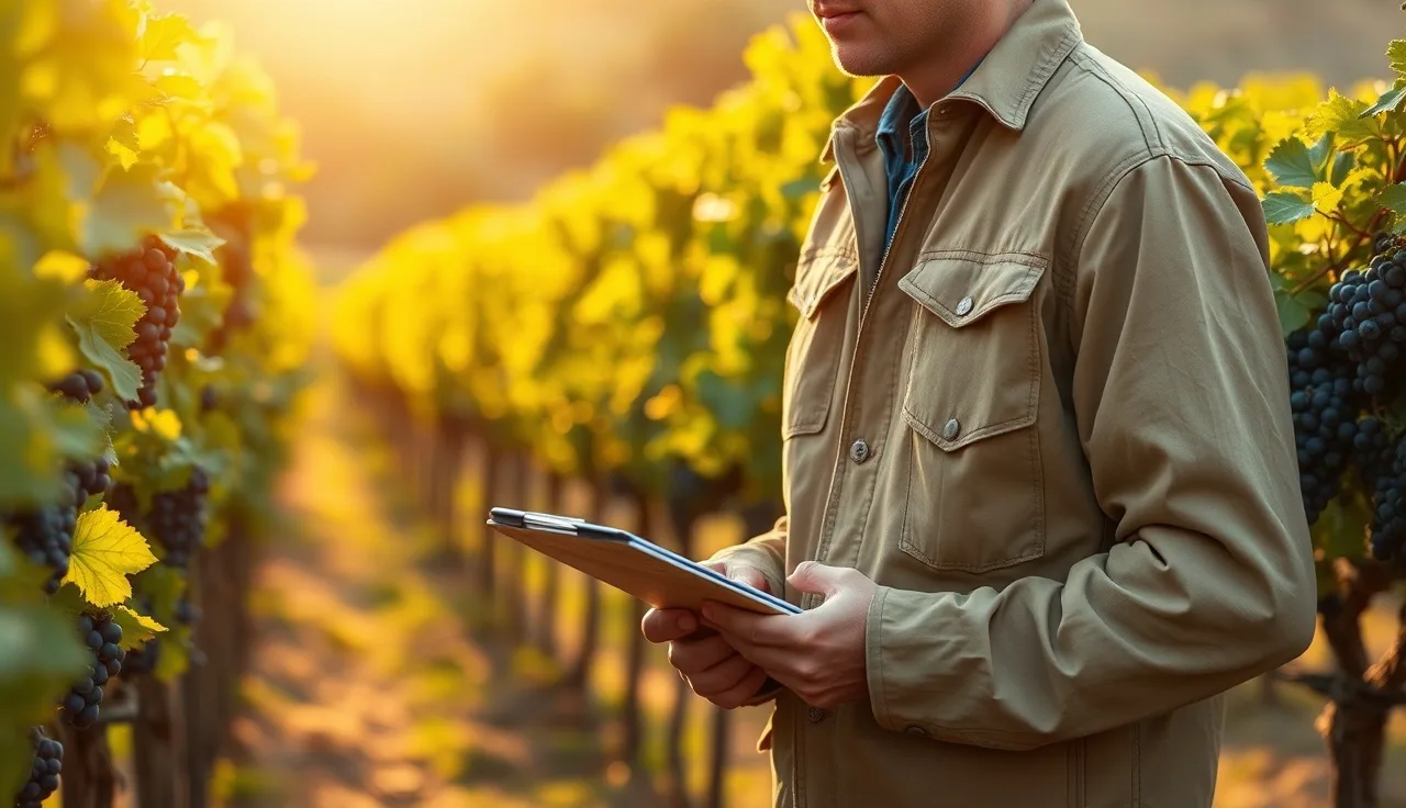 Vineyard manager reviewing harvest compliance records among ripening grape clusters at dawn