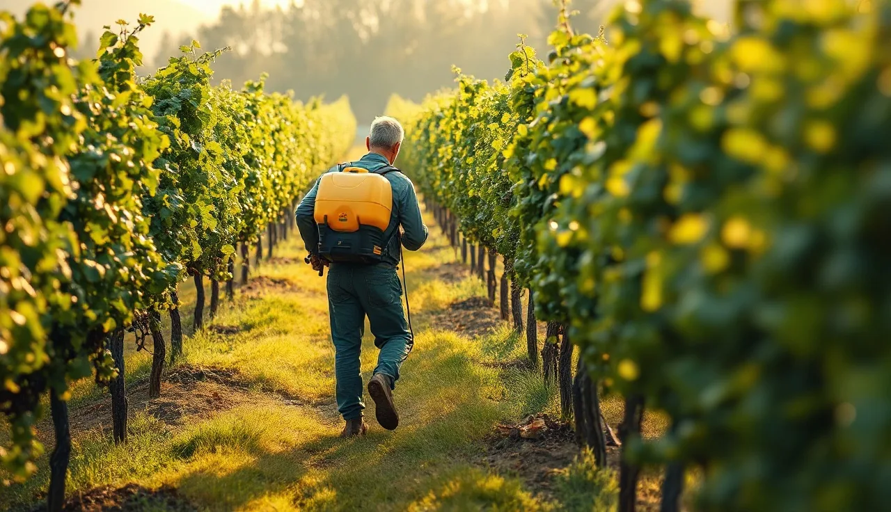 Vineyard worker spraying grapevine rows at dawn during spring shoot growth