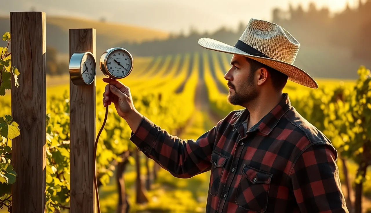 Vineyard worker reading a temperature gauge mounted at canopy height between vine rows