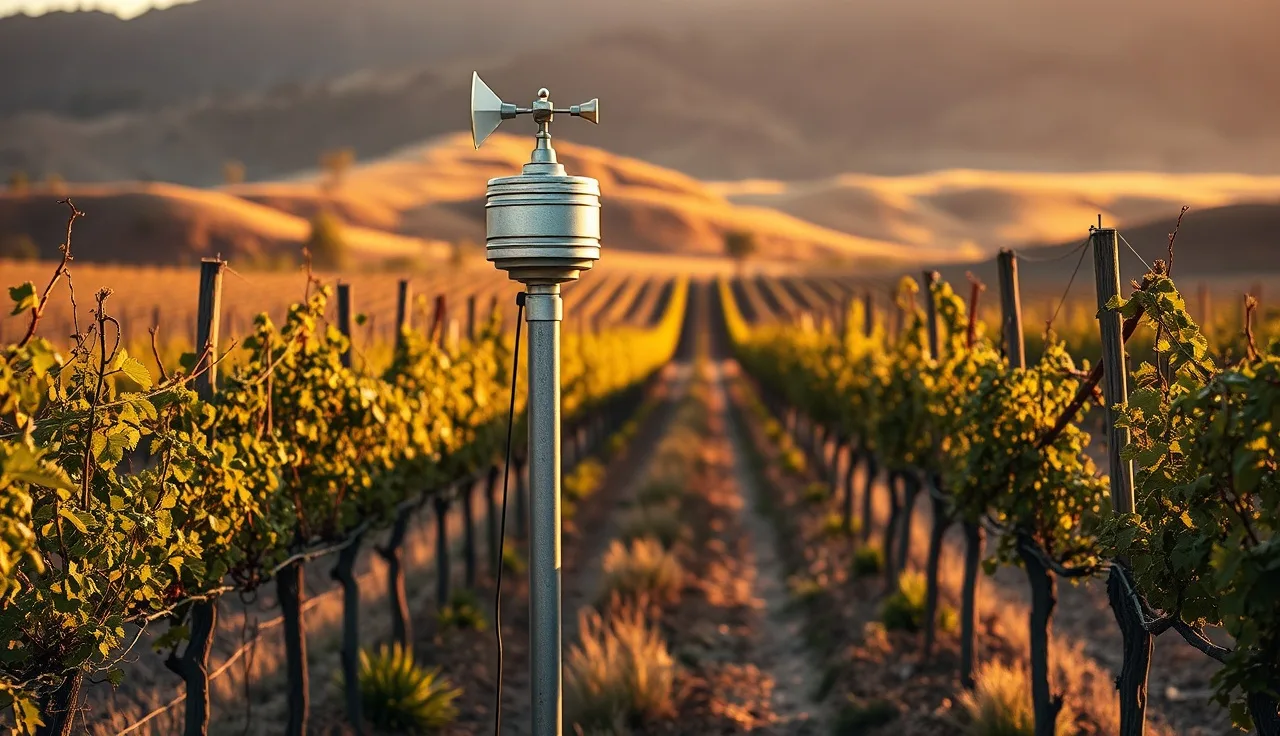 Weather station with anemometer and radiation sensor between grapevine rows at golden hour