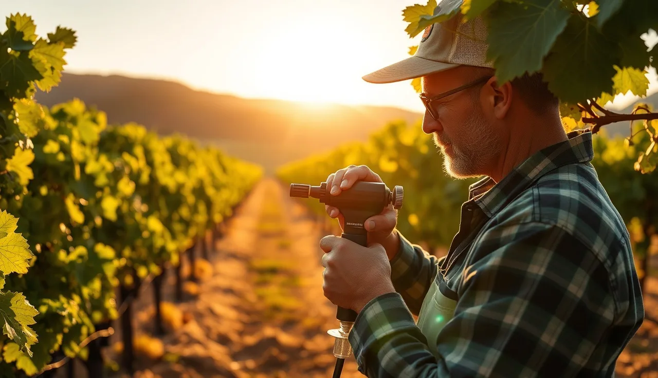 Vineyard worker using a pressure bomb instrument on a grapevine shoot in a vineyard row