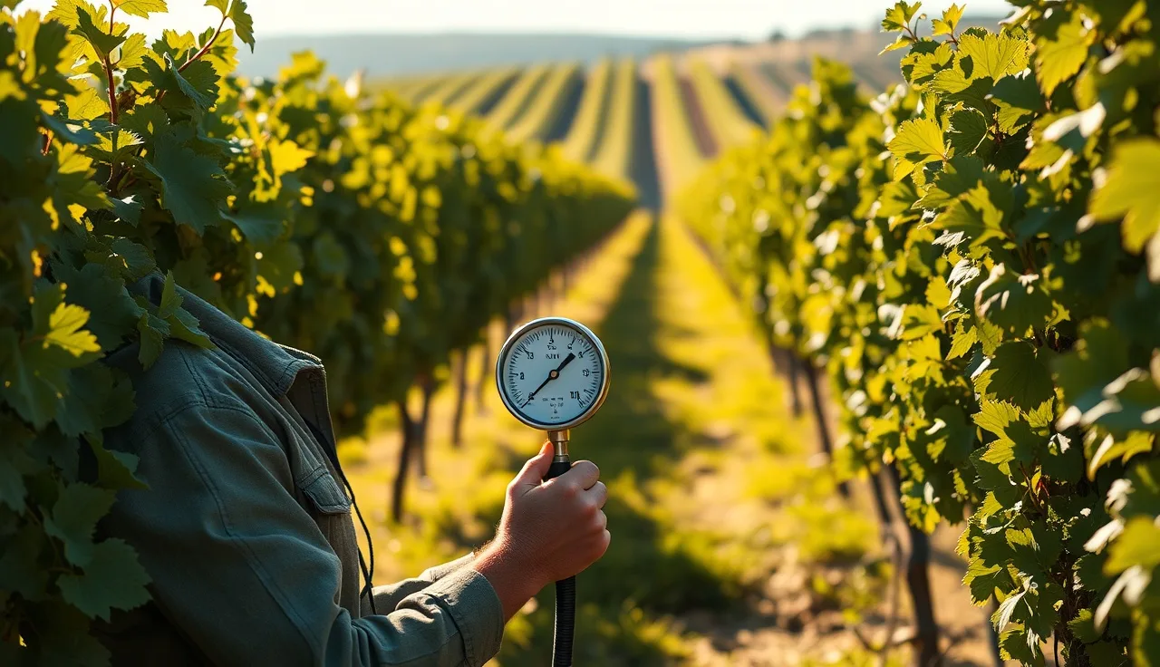 Vineyard worker measuring vine water potential in a leafed-out summer vineyard block