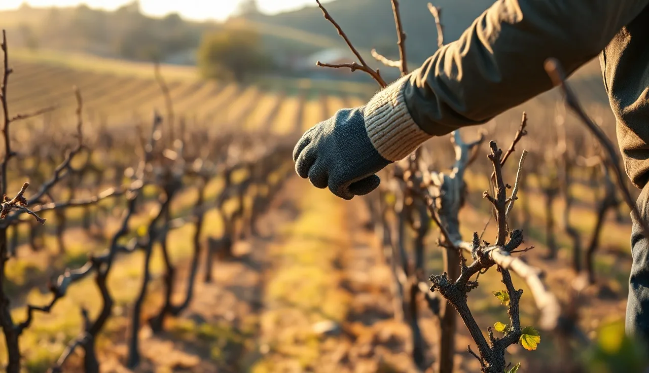 Vineyard worker pruning dormant grape vines in early spring morning light