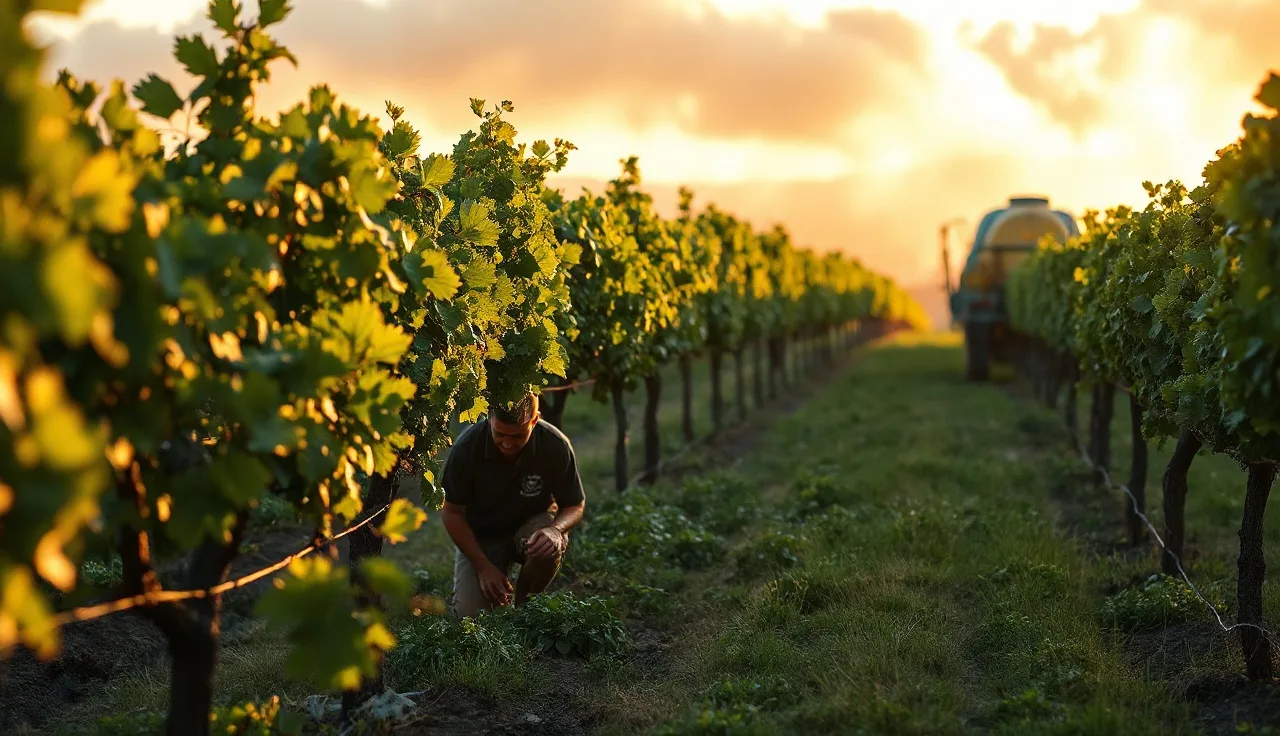 Vineyard manager inspecting grapevine leaves before a morning pesticide application
