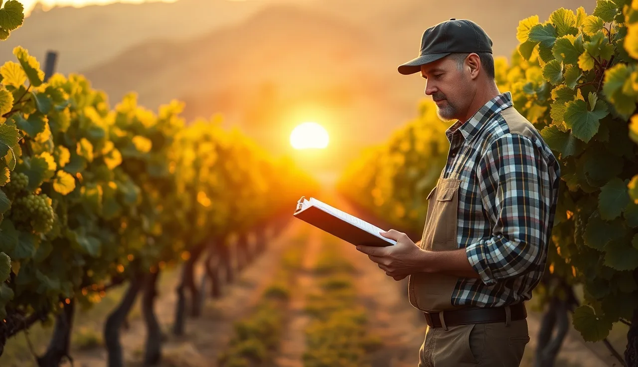 Vineyard manager reviewing field notes in grape rows before harvest