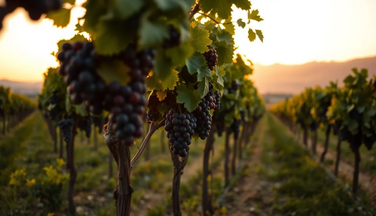 Vineyard rows at sunrise with distant wildfire smoke haze over the hills